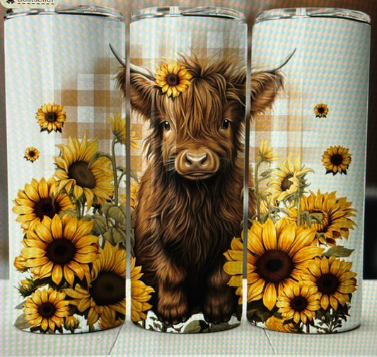 Sunflower Highland Cow 20 oz Skinny Stainless Steel Tumbler